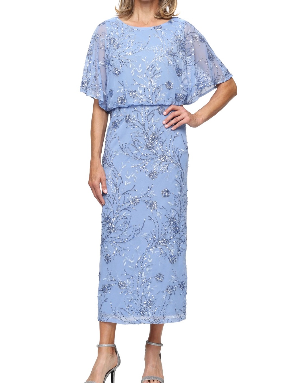 SLNY Powder Blue Beaded Midi Dress